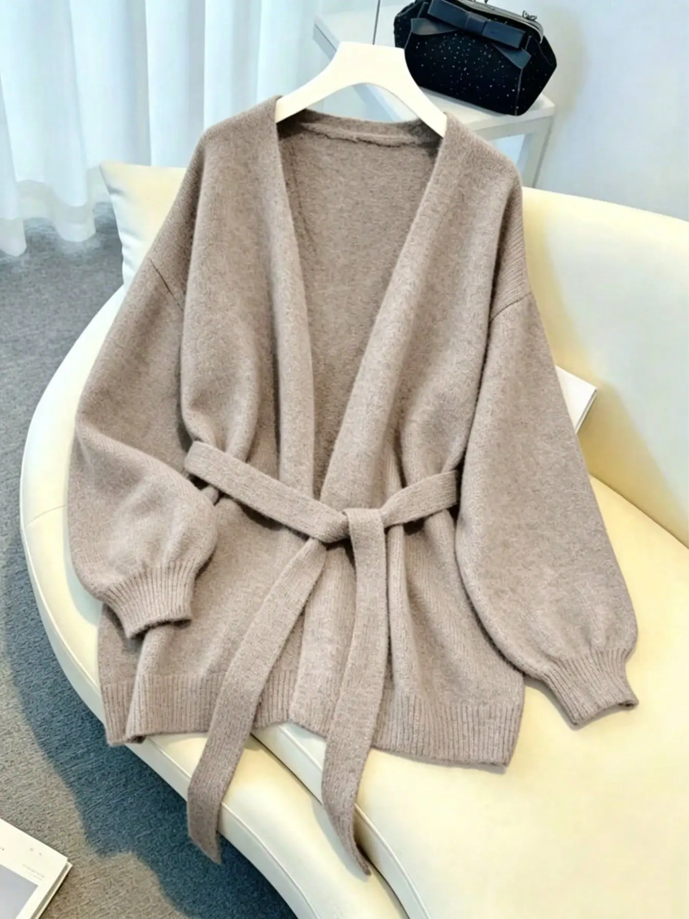 2026 Autumn-Winter Women's Elegant Casual Knit Cardigan, Loose Lazy Style with Waist Tie, Comfortable and Stylish Outerwear for Daily Wear Knitwear