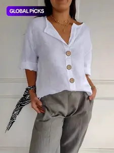 Summer New Versatile Slimming Top, Loose Fit Casual V-Neck Cotton Linen Fabric Button T-Shirt, Comfortable Breathable Women's Blouse, Button Up Shirts, Casual Style Top, Womenswear