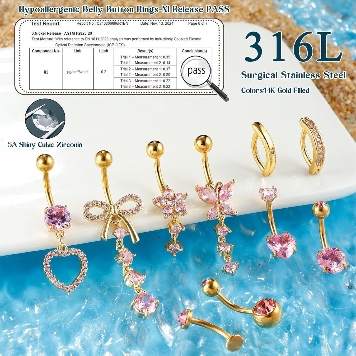 CASSIECA 10Pcs 14 Gauge Surgical Steel Rhinestone Heart Dangle Navel Piercing Rings, Women's Casual Short Clicker Belly Button Jewelry, Body Piercings Set for Summer Vibes, Belly Button Rings