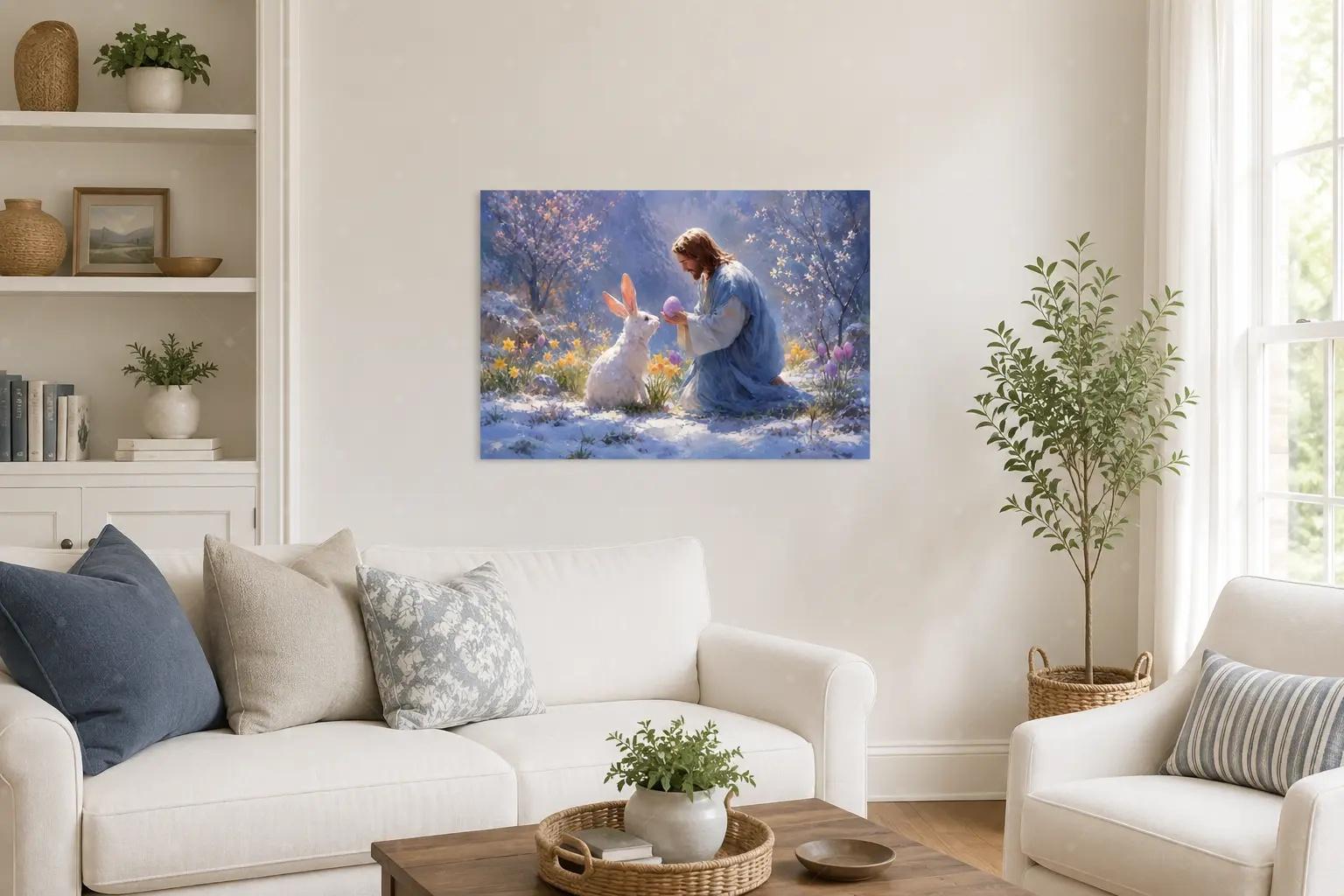 Easter Religious Gentle Scene Oil Painting Canvas Art poster wall decor, Faith Rabbit Easter Wall Decor Living Room Prayer Room Christian Warm Home Decor
