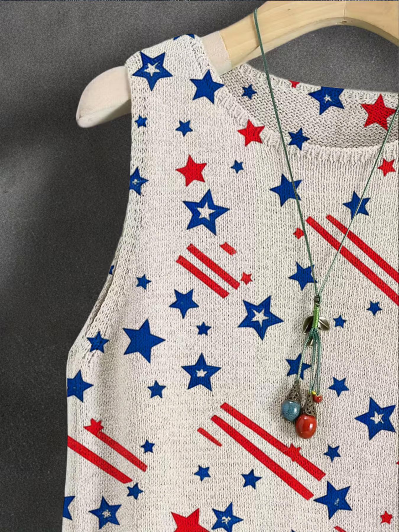 Women's Independence Day Geometric Star Print Round Neck Sweater Vest, Casual Sleeveless Knit Top, Comfortable Breathable Clothing