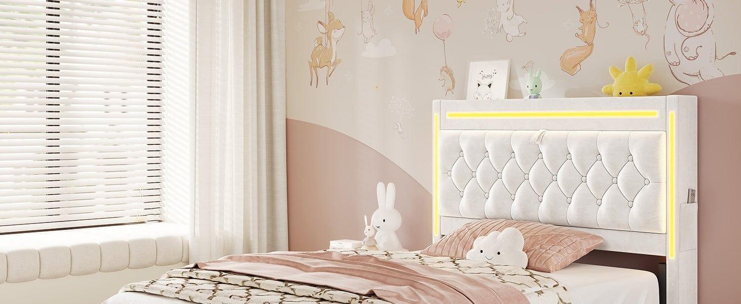 SIKAIC Twin Size Upholstered LED Bed Frame Beige Bedroom Set Unique Bedroom Furniture Headboard And Storage Platform Bedframe