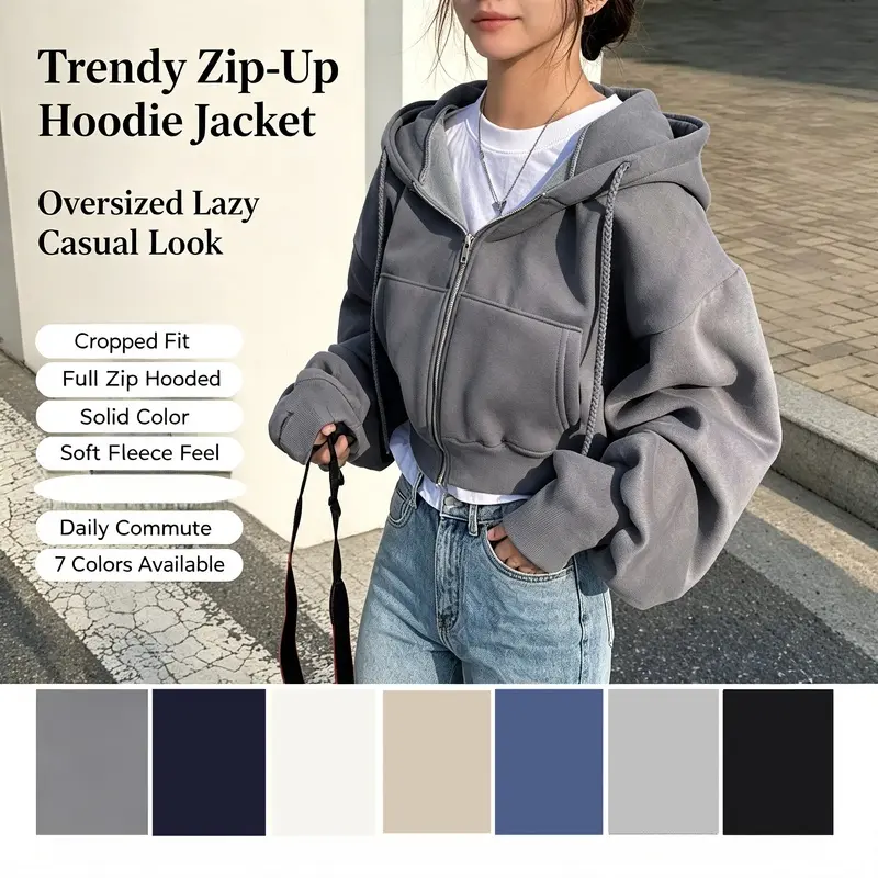 Women's Zip Up Cropped Hoodie, Solid Color Long Sleeve Hooded Sweatshirt, Loose Casual Minimalist Lazy Style Versatile Outerwear Jacket