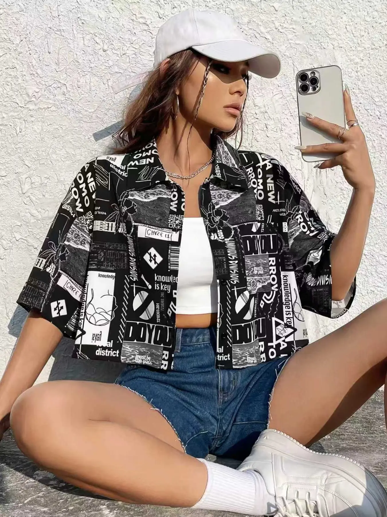 Newspaper Style Patchwork Print Short Collar Shirt, 3D Digital Print, All over Print, Loose-Fit, Streetwear Fashion
