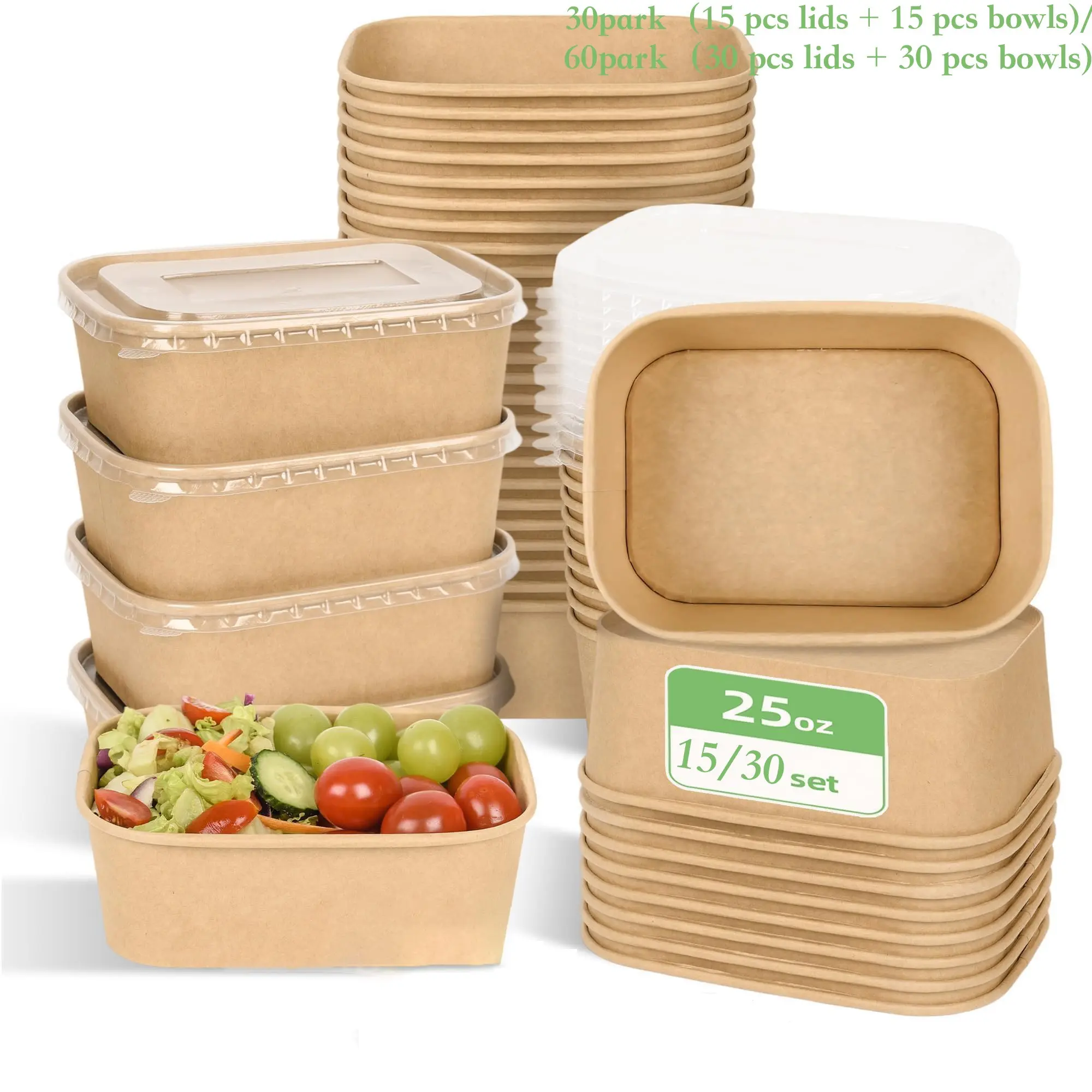 15/30Pack Disposable Meal Prep Containers, 25oz Disposable Large Paper Bowls with Lids  for Salad, Noodles, Freezer and Microwavable Storage Use Cardboard Food Containers