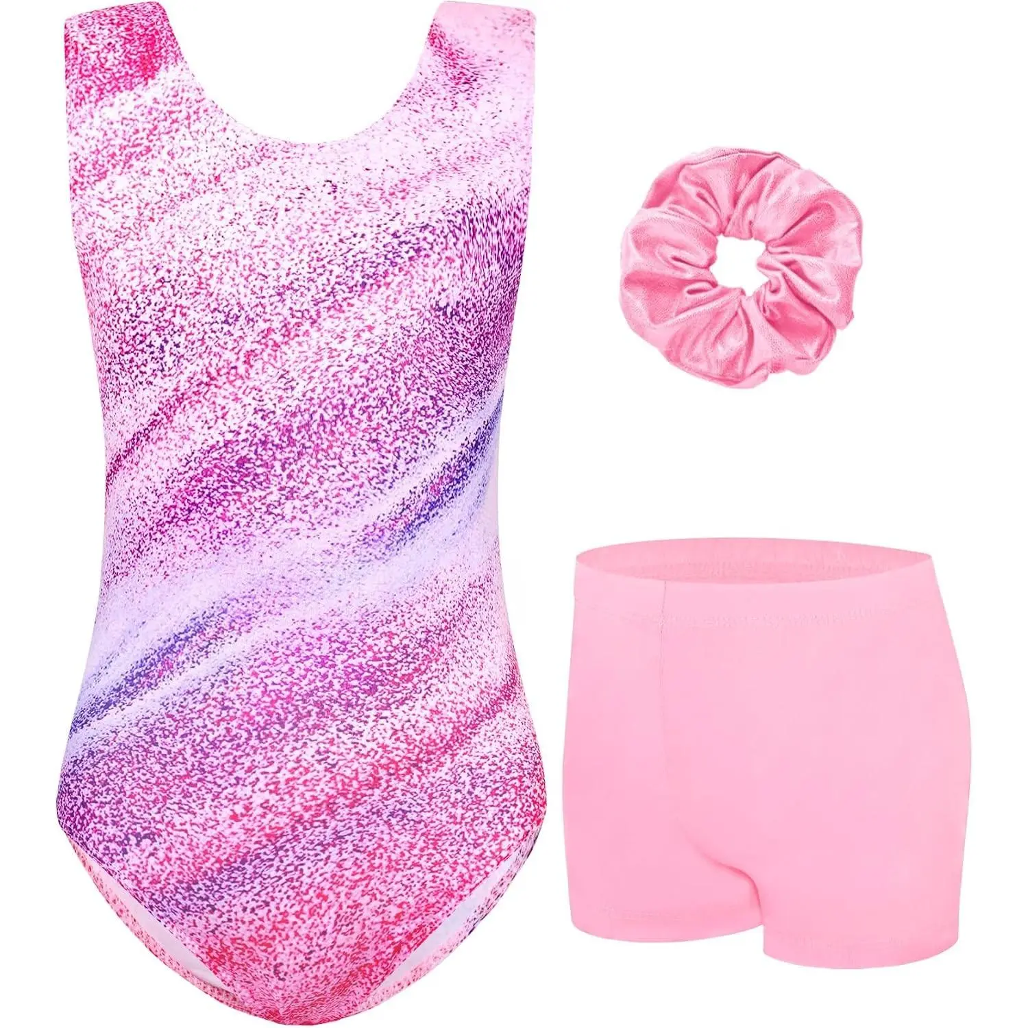 Girls' Shiny Finish Leotard Set - Sleeveless Sports Wear with Cotton Fabric Gym Shorts, Ideal for Gym Class (4-12 Years)