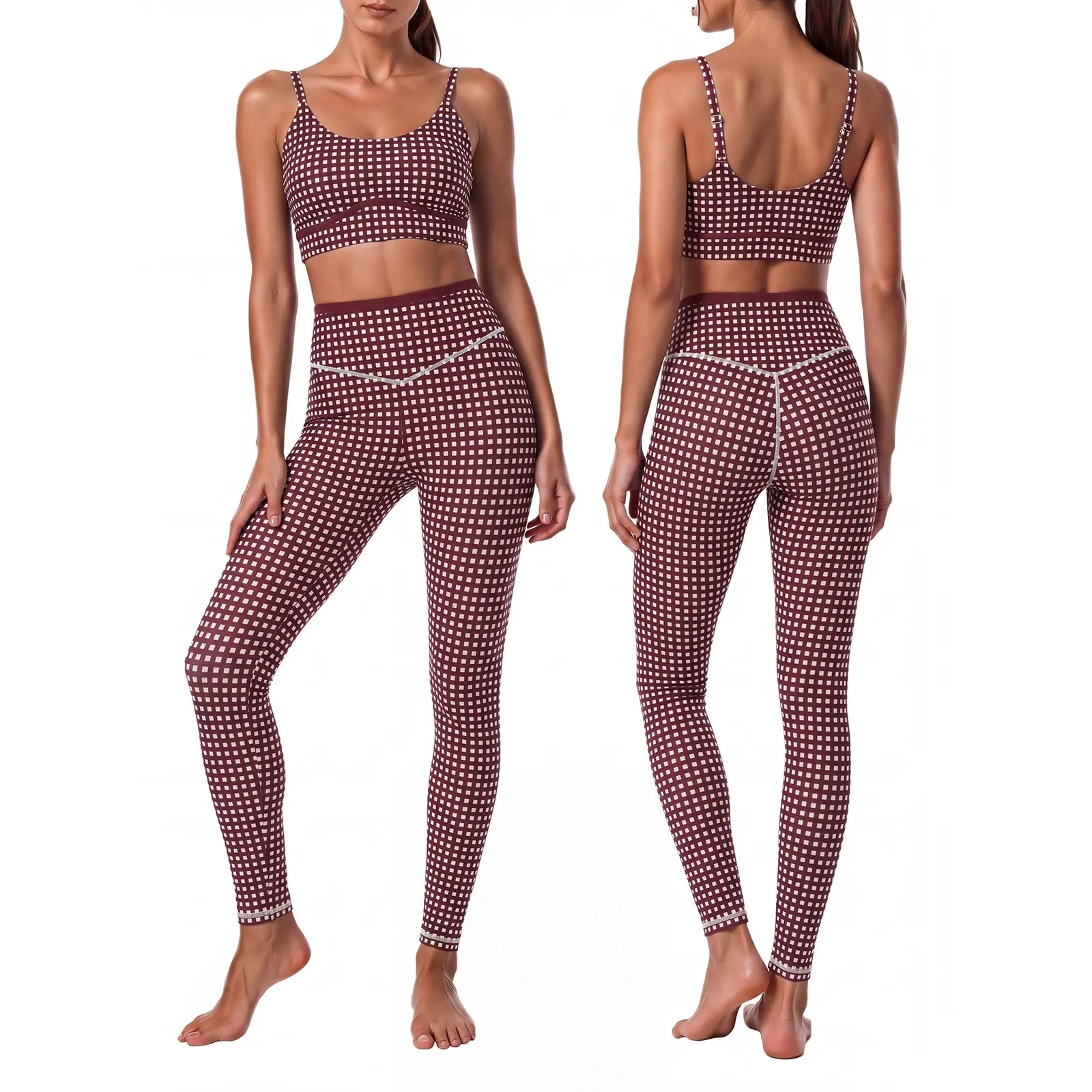Aoysky Women's Gingham 2‑Piece Yoga Outfit, Scoop Neck Sports Bra & High Waist Leggings Set, 4‑Way Stretch Plaid Athletic Workout Activewear Set for Gym Daily Wear