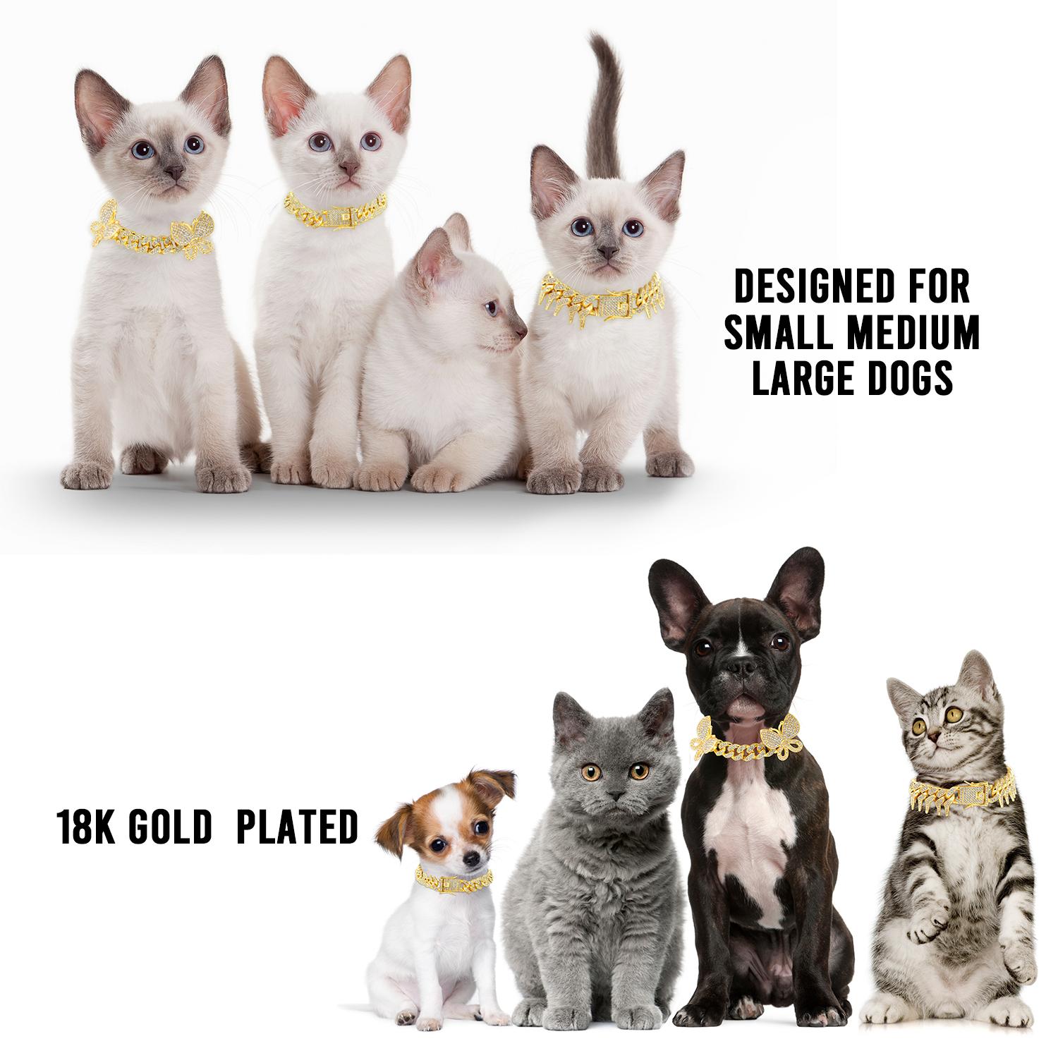 Gold Dog Collar with Bling CZ Diamond Butterfly 13mm Cuban Link Dog Cat Collar Design Dog Chain Collars Necklace for Small Medium Large Dogs