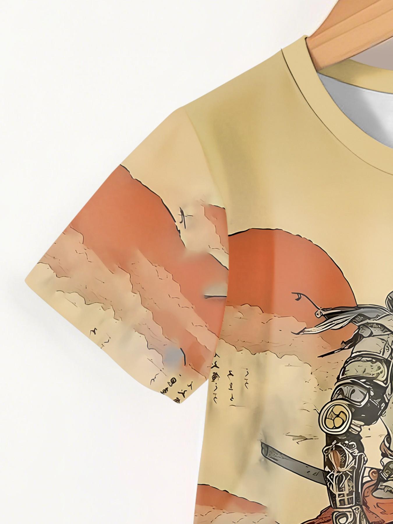 Ukiyo-e Samurai Fox Two-Piece Short Sleeve and Shorts Set, 100% Polyester Casual Loose-Fit Outfit, Fun Printed Patterns for Summer, Outdoor Sports T-Shirt Set, Perfect Gift for Boys