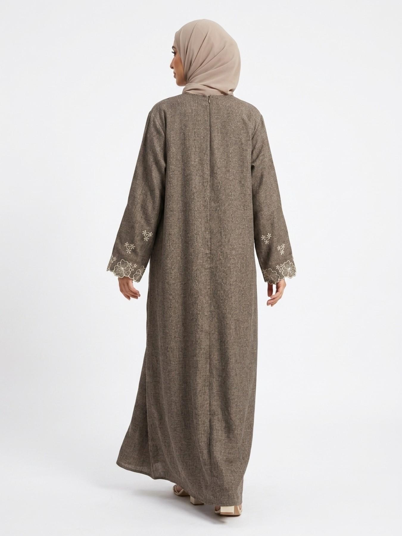 Elegant Embroidered Abaya Maxi Dress, Linen-Like Fabric, Pockets & Belt Included, Perfect for Special Occasions, Women's Fashion Muslim Clothing, Islamic Modesty Clothes