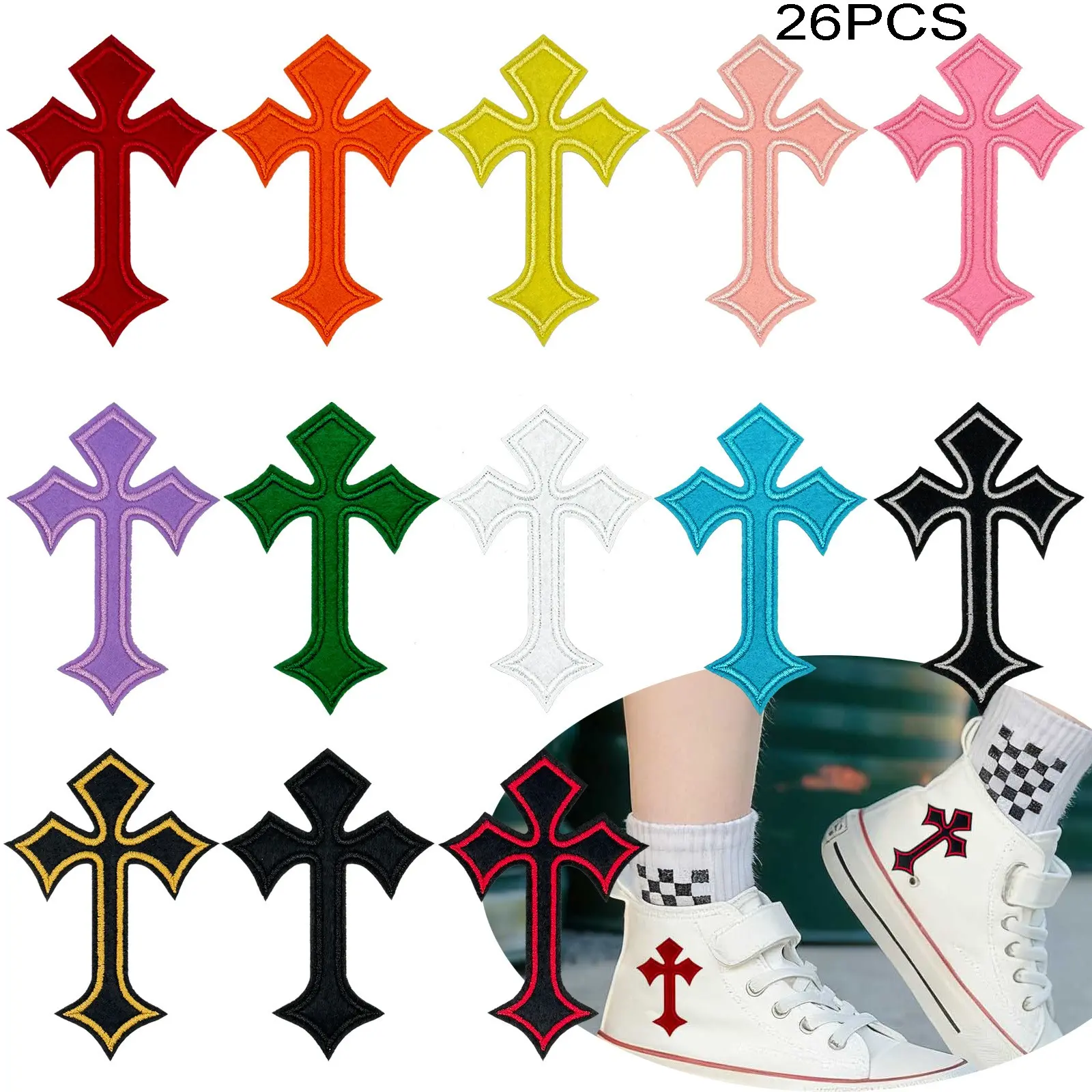 26pcs Cross Embroidered Patches with Hot Melt Adhesive Backing, Iron On or Sew On Multi Color Vintage Cross Applique Patches, DIY Decor Repair Embroidery Badges for Clothing Jeans Jacket Backpack Hat Shoes