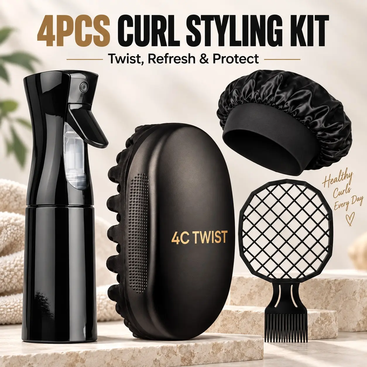 2/34-Piece Unisex Curling & Styling Set: Includes a twist comb for 4C hair, a continuous spray bottle, a sleep bonnet, and a hair pick. Suitable for defining curls, caring for coily hair, detangling, adding volume, daily styling, and refreshing hairstyles