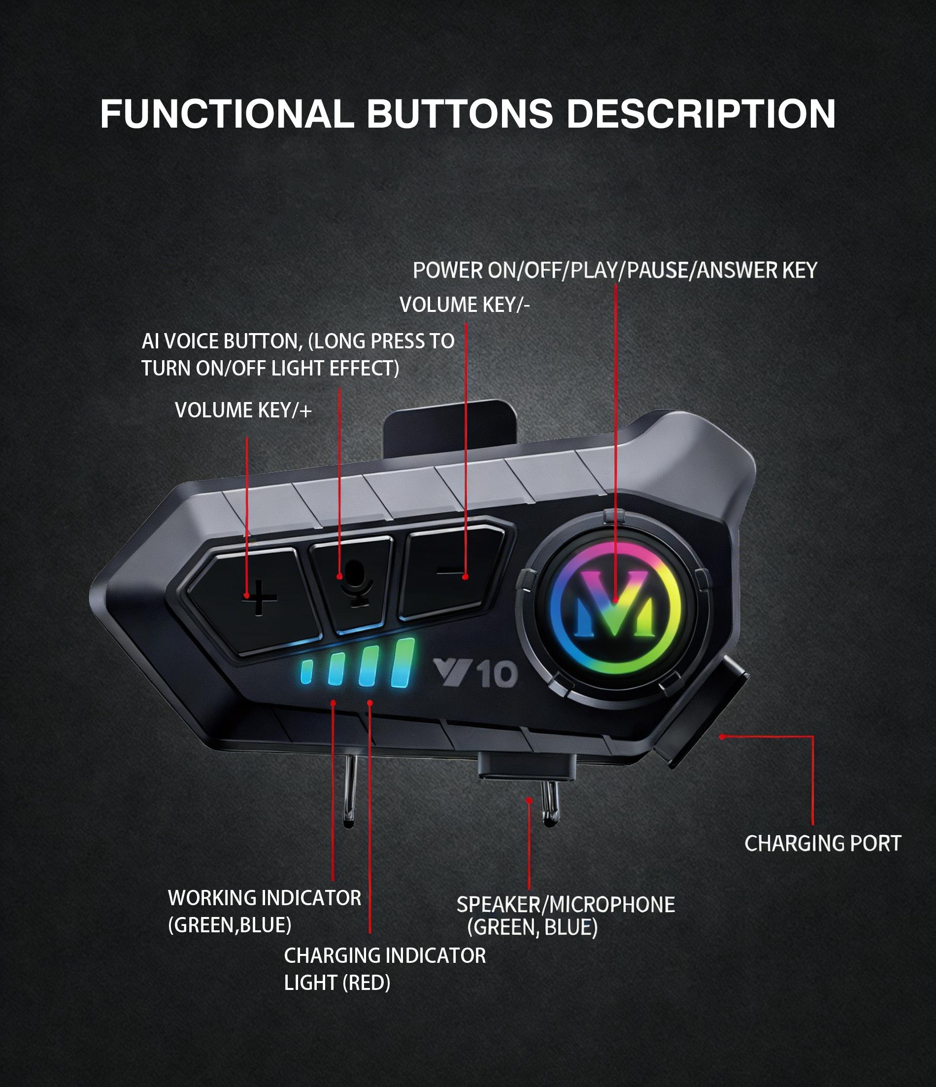 Y10 Helmet Bluetooth-compatible Earphones Waterproof Noise Cancelling Motorcycle Headset, Wireless Hands-Free Calling & Music Playback