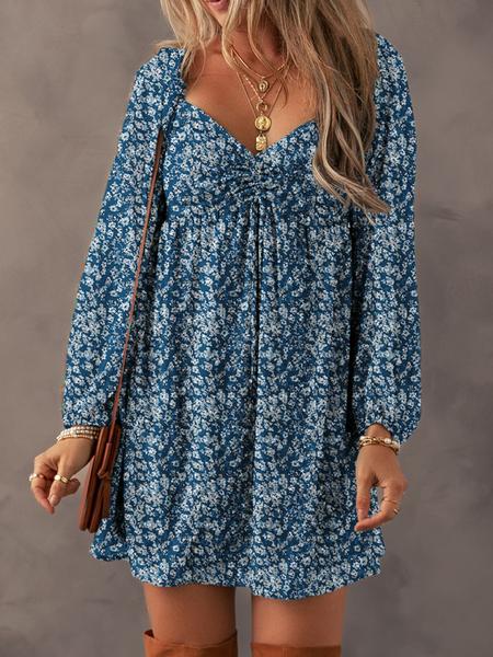 Women's Ditsy Floral Print Sweetheart Neck Shirred Back Dress, Boho Fashion Casual Puff Sleeve Dress for Daily Holiday Vacation Wear, Ladies Dress for All Seasons
