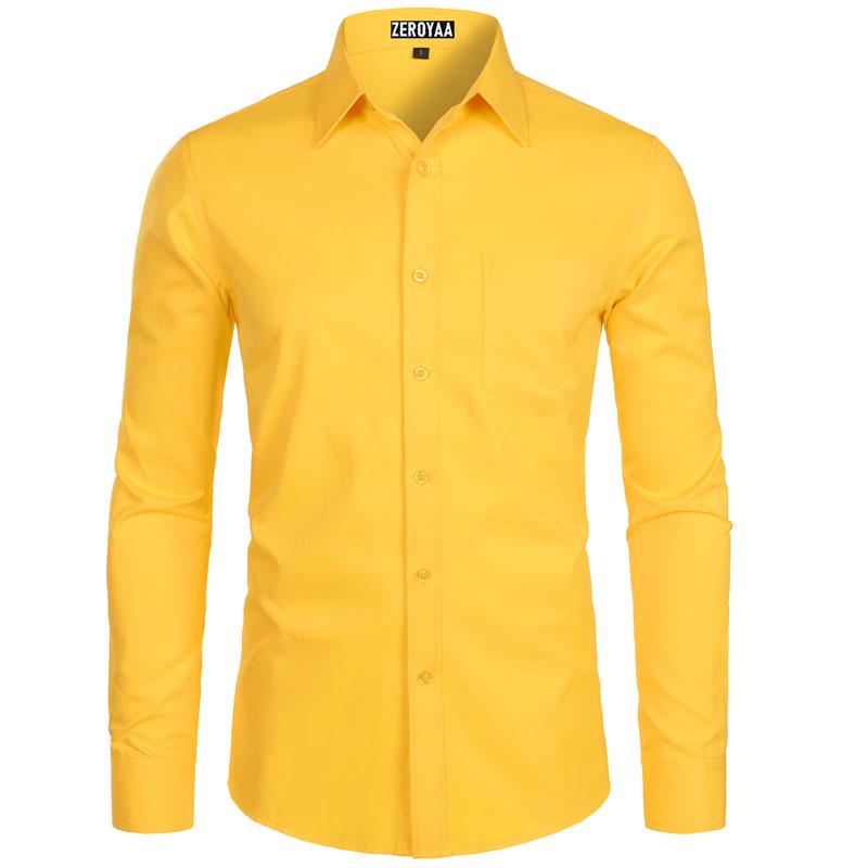 Zeroyaa Men's Long Sleeve Button Up Shirts Solid Slim Fit Casual Business Formal Dress Shirt with Pocket Menswear Korean summer outfits men funny shirts