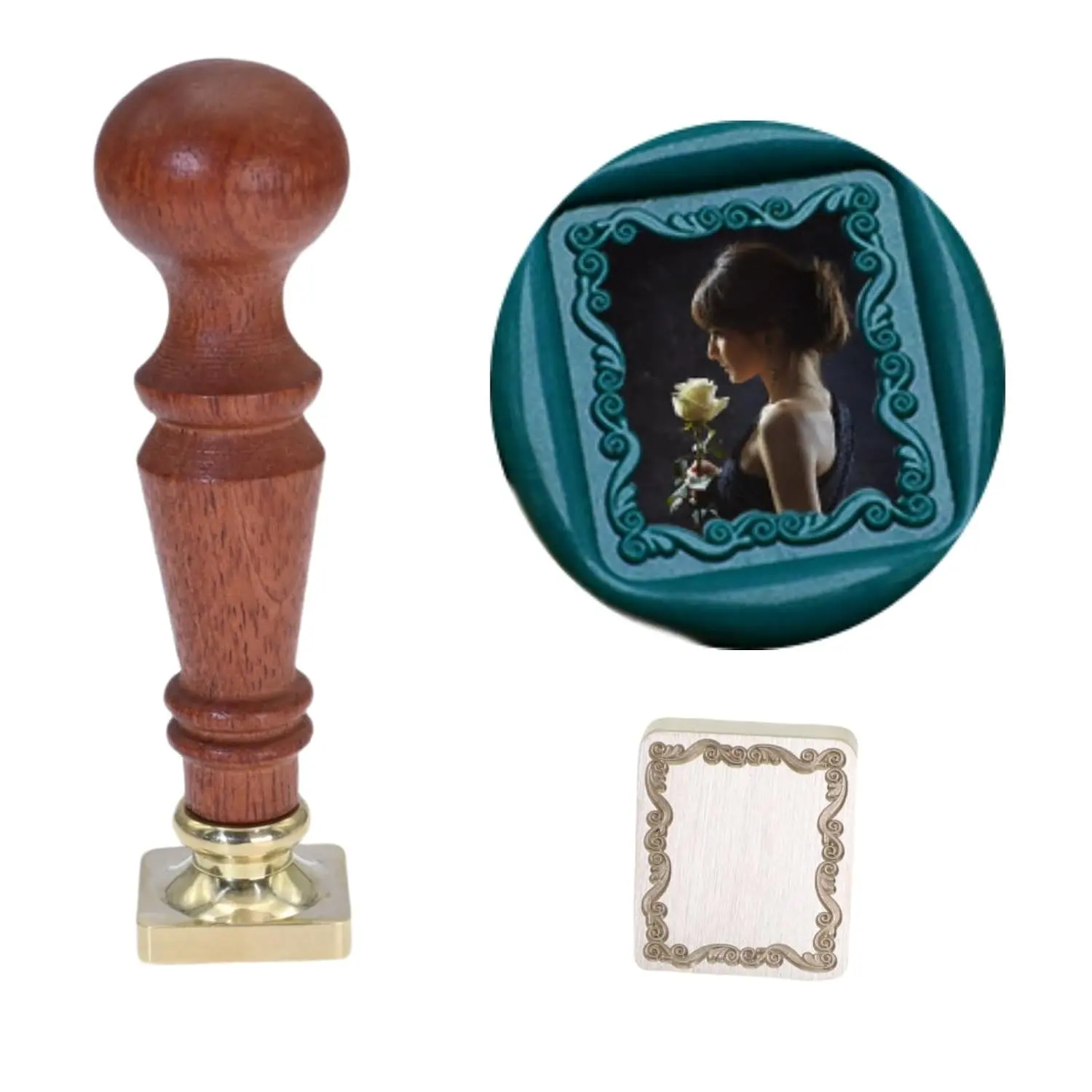 3D Embossed Frame Relief Carving Wax Sealing Stamp with Wood Handle for Wedding Invitations Letter Sealing F06