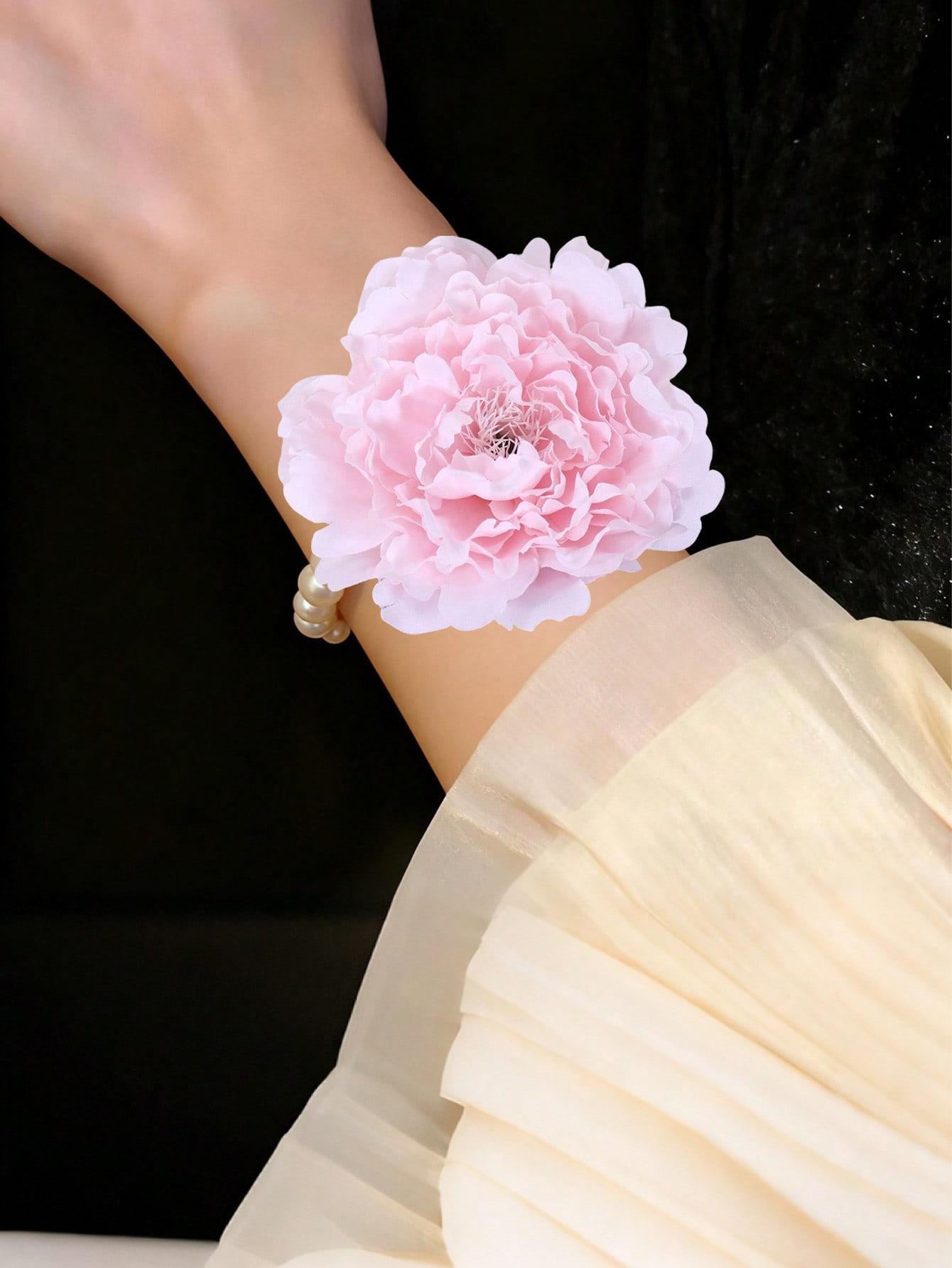 Elegant Blue Garden Rose Wrist Corsage - Bridal Headpiece, Bridesmaid Wrist Corsage, Party Bracelet, with Artificial Pearl Chain and Green Leaves, Durable, Soft and Comfortable, for Bride, Bridesmaid, Groom/Bride