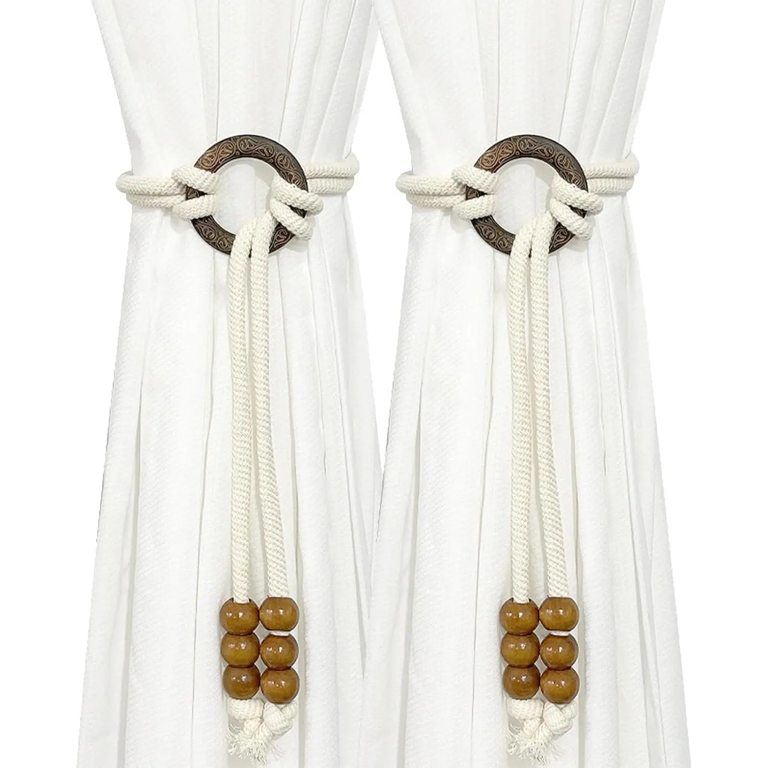 2 count Wooden Bead Curtain Tiebacks,Bohemian Curtain Clasp, Curtain Tiebacks No Hole Punching Decorative for Bedroom Window  (Coffee Color)