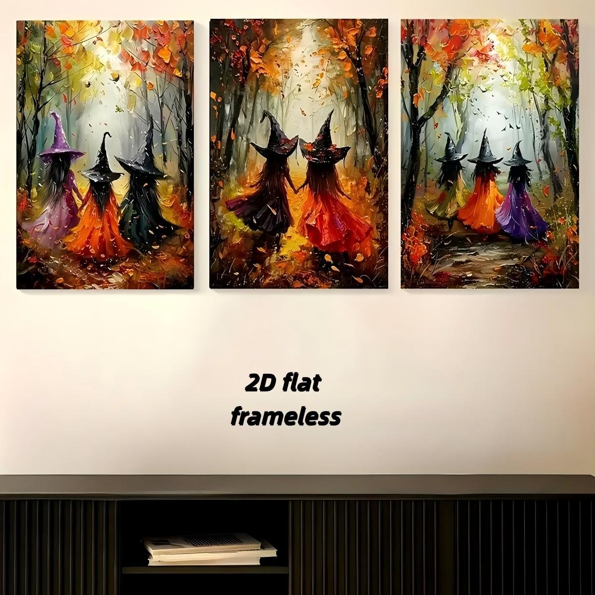 3 exquisite witch gathering landscape canvas posters, retro mural art horror home decoration 2D flat printing frameless paintings