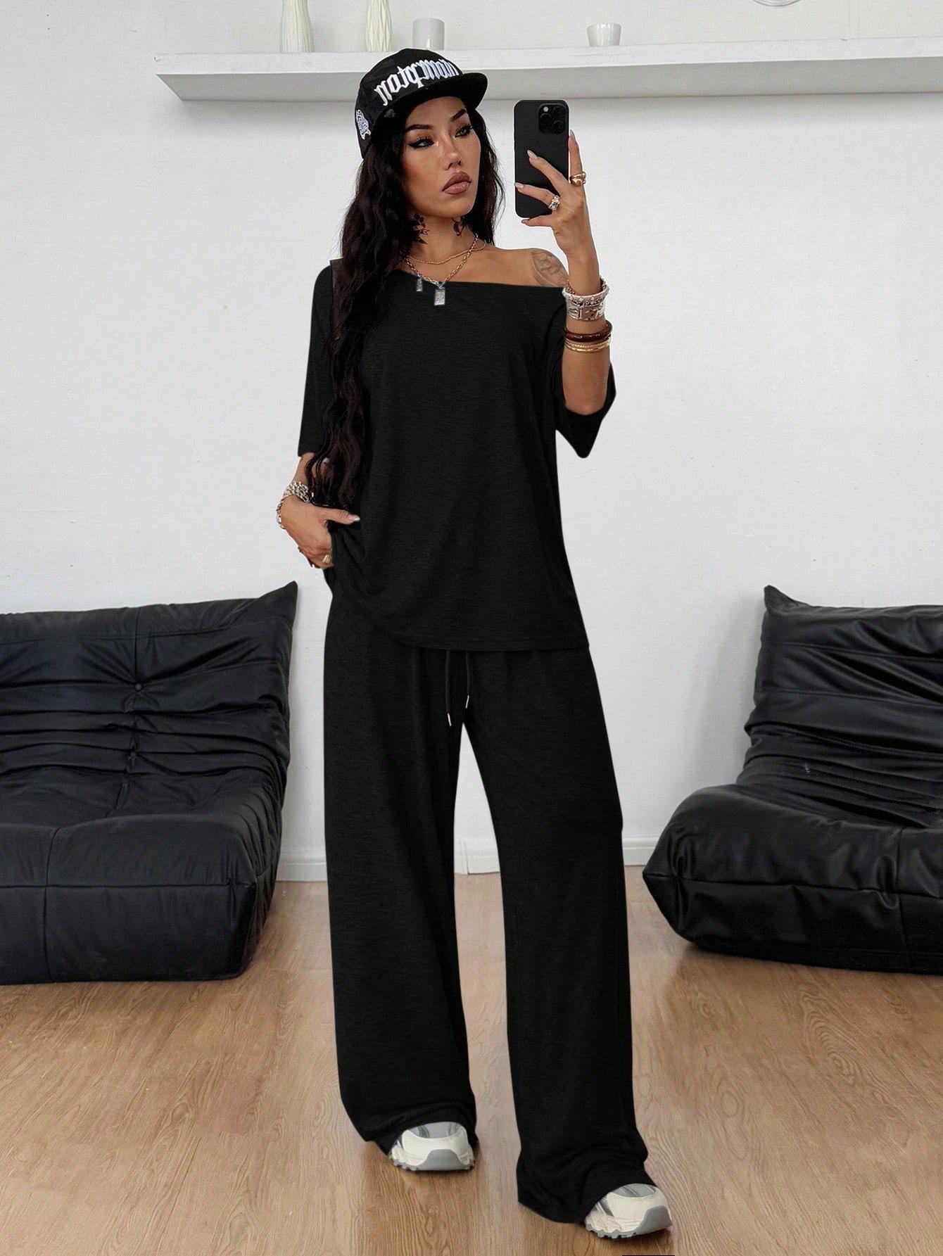 Women Off-Shoulder 2 Piece Set, Oversized Top and Wide Leg Elastic Drawstring Pants
