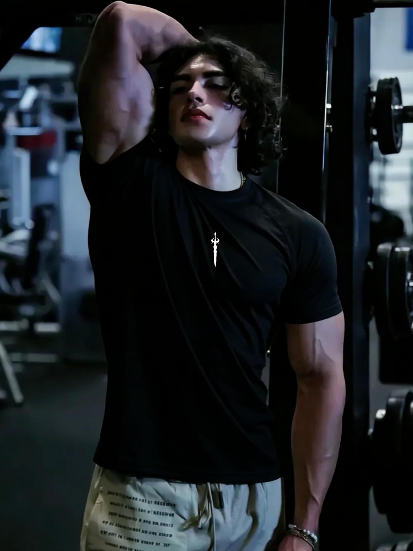 Men's New Fitness Short Sleeve Sword Print Trendy T-Shirt, High Elasticity Tight Fit Quick-Dry Sports Cycling Shirt, Men's Fashion Top