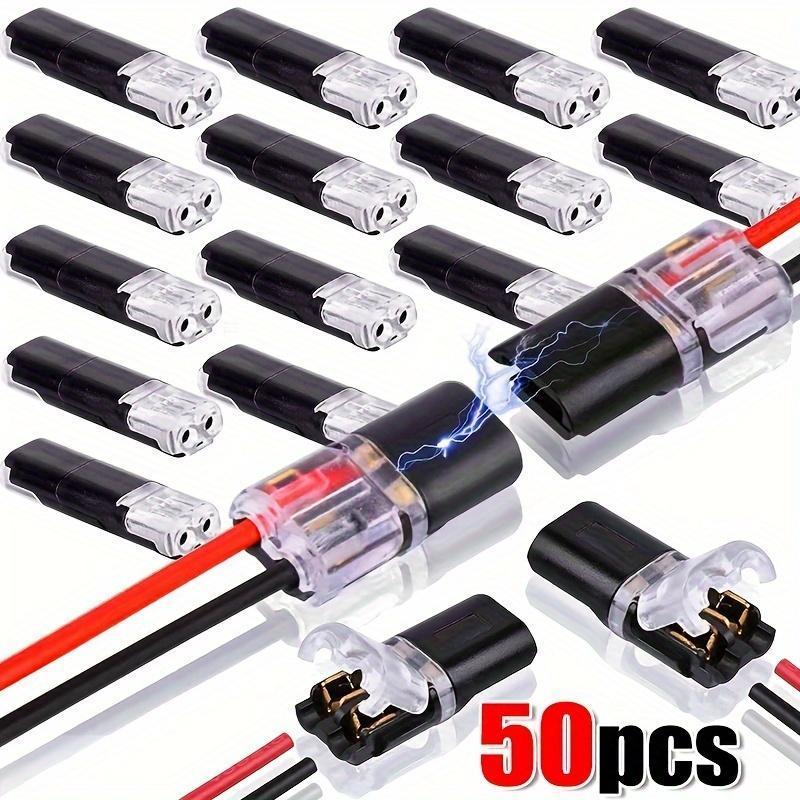 50 Durable Copper Quick Splice Solderless Crimp Connectors - Dual Pin 2-Way Snap-in Blocks, Tool-Less Plug-and-Play Bulk Pack for LED Lights, Automotive Low Voltage Accessories, AWG 18-22 Electrical Wires, Led Light detail 2
