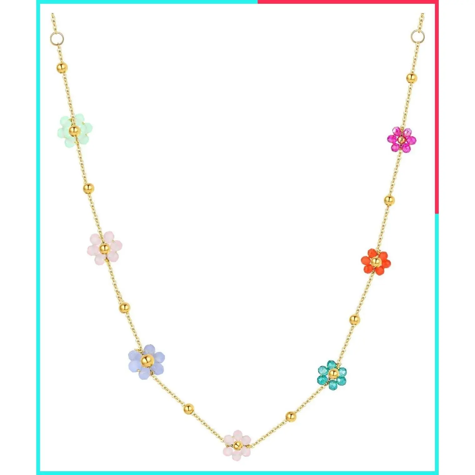 18K Gold Plated 304 Stainless Steel Beaded Flower Choker Necklace for Women, Colorful Floral Pendant Adjustable Short Chain, Dainty Everyday Jewelry Gift for Her