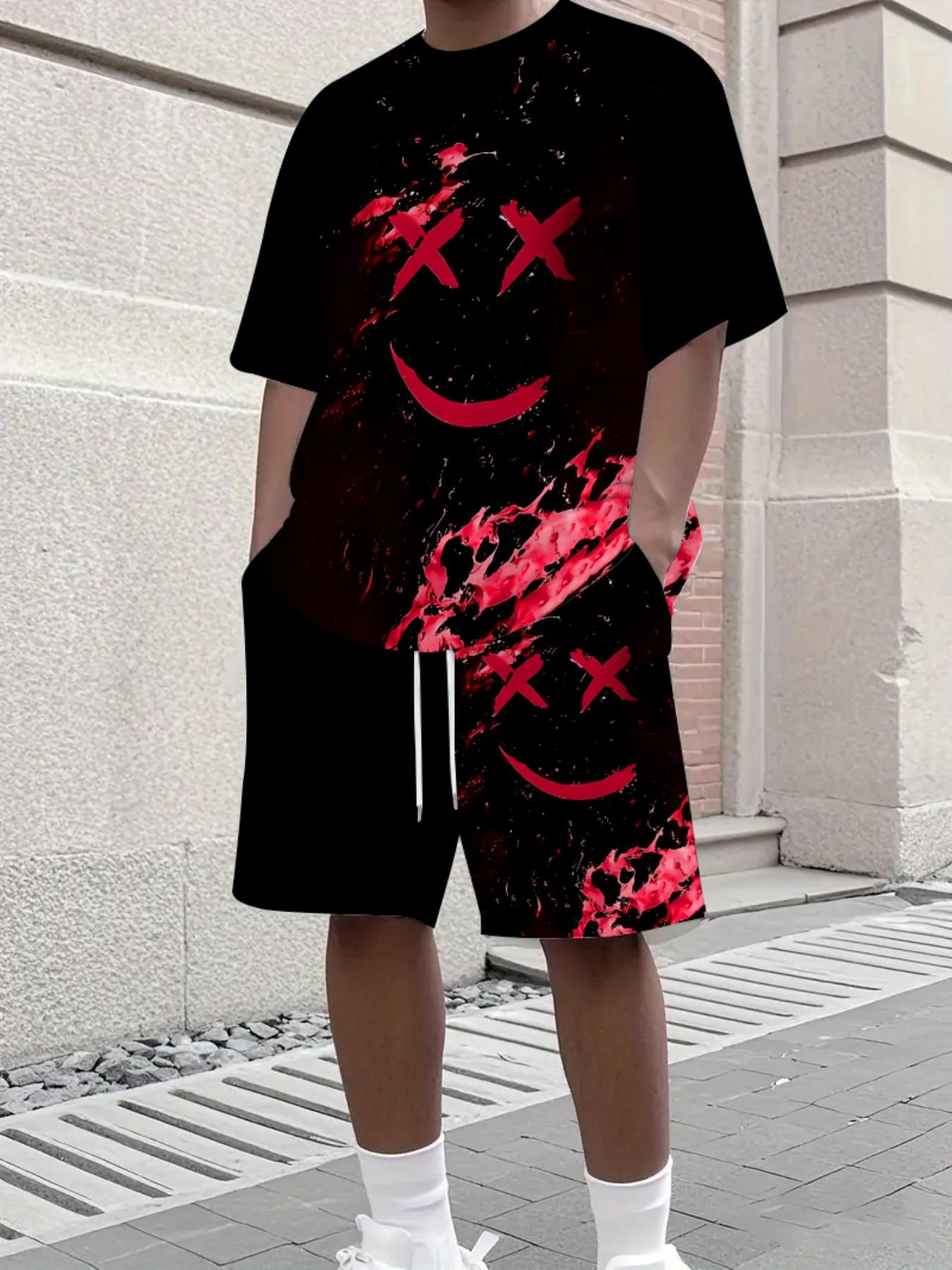 Men's Summer Gaming Set, Fitted Set, Short Sleeve Tee and Shorts, Knee-Length, Casual Slim-Fit, Print Pattern, All-Season Fashion, Menswear