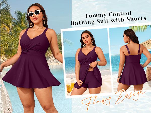 Aqua Eve Plus Size Swim Dress - Two Piece Tankini Swimsuit Tummy Control Bathing Suit with Shorts
