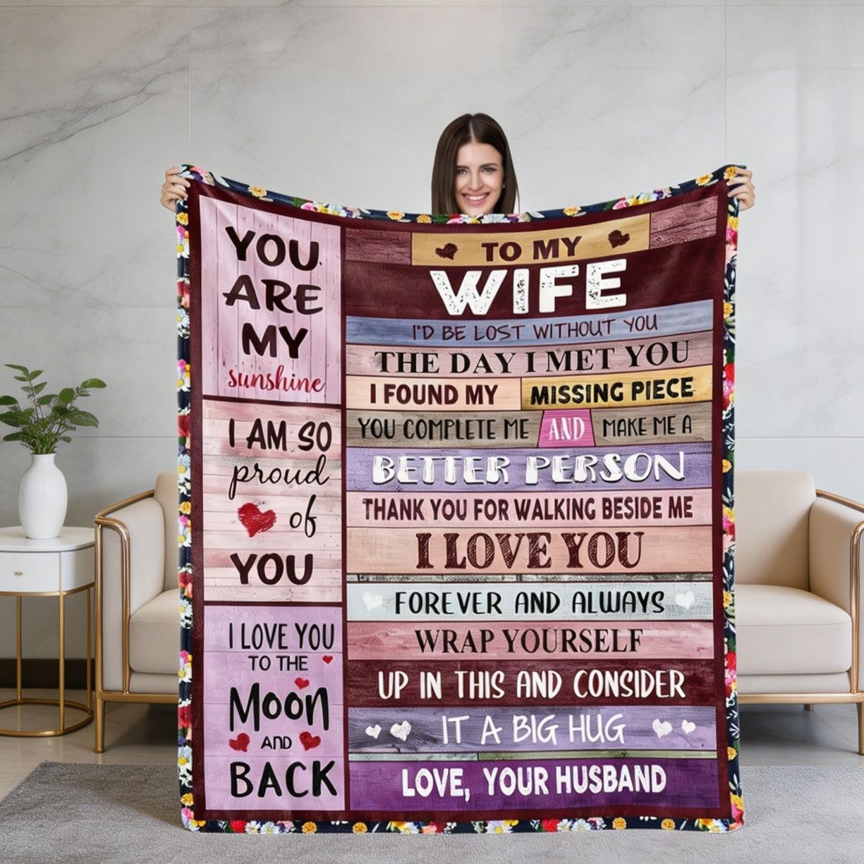Romantic Wife Flannel Blanket, I Love You Throw Blanket for Wife, Soft Cozy Warm Blanket, Anniversary Birthday Christmas Valentine's Gift