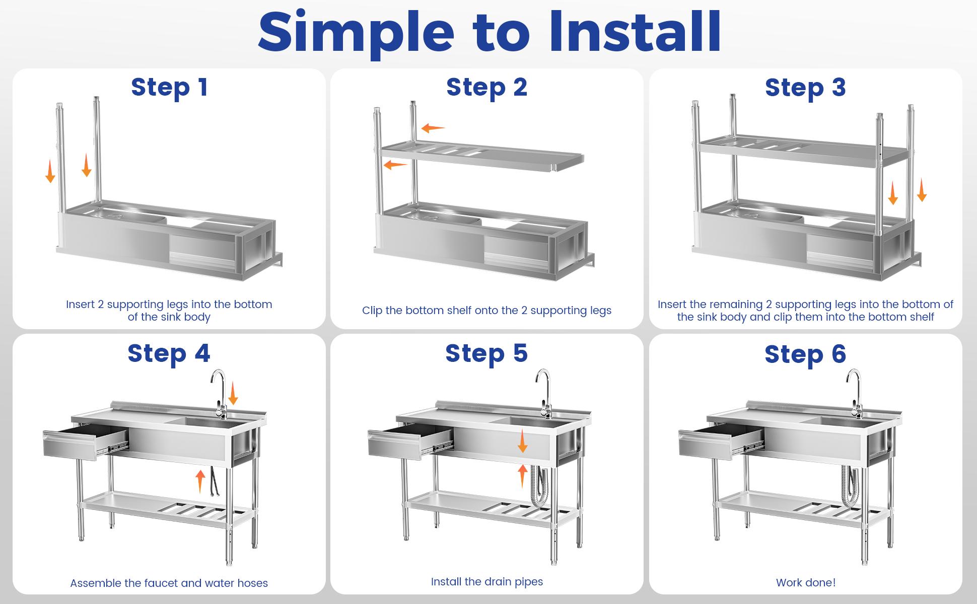 Stainless Steel Utility Sink, Free Standing Single Bowl Commercial Kitchen Sink w/Workbench & Storage Shelf, w/Hot & Cold Water Pipes & Faucet for Laundry Room, Farmhouse, Indoor/Outdoor Stainless Steel Utility Sink, Free Standing Single Bowl Commercial Kitchen Sink w/Workbench & Storage Shelf, w/Hot & Cold Water Pipes & Faucet for Laundry Room, Farmhouse, Indoor/Outdoor