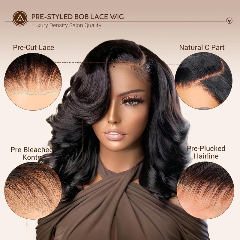 Ashimary 250% Density Glueless Ready To Go Wig- Pre Styled Side Part Body Wave Layer Cut 6x4.5 Lace Closure Bob Wig Invisi-Drawstring Ready to Go Short Bob Wigs Pre Everything Human Hair Wigs Pre Plucked Pre Cut For Black Women