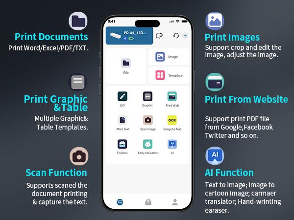 Jadens Portable Thermal Printers,Wireless Bluetooth Smart Printer with 6 Roll Various Sizes Paper,Support US Letter for Business Office Home School