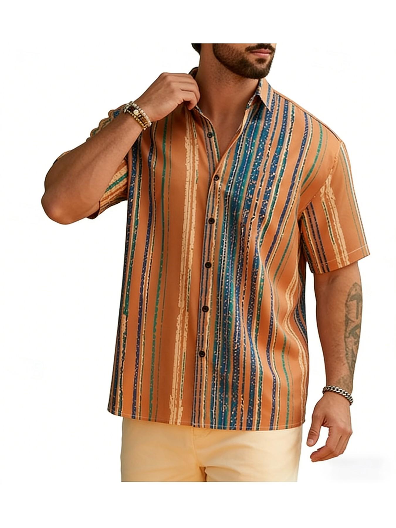Men's Vintage Striped Collared Shirt, Breathable Short Sleeve Casual Top, Beach Vacation Street Summer Open Front Jacket