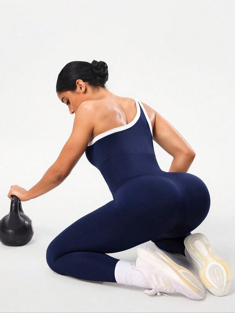 Women's Colorblock Asymmetrical Neck Knit Yoga Jumpsuit, Casual Slim-Fitting Sleeveless Jumpsuit for All Seasons, Sports Jumpsuit