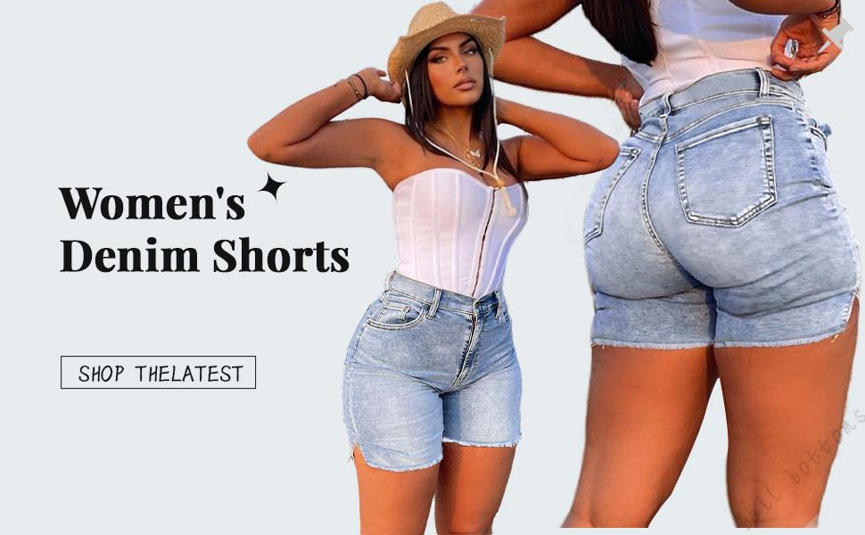 GILIPUR Women's Light Blue High Waist Elastic Denim Shorts. Y2K Vintage Side Split Frayed Hem Jorts. Casual Streetwear Slim-Fit Shorts for Summer. Beach & Daily Wear GILIPUR Women's Light Blue High Waist Elastic Denim Shorts. Y2K Vintage Side Split Frayed Hem Jorts. Casual Streetwear Slim-Fit Shorts for Summer. Beach & Daily Wear