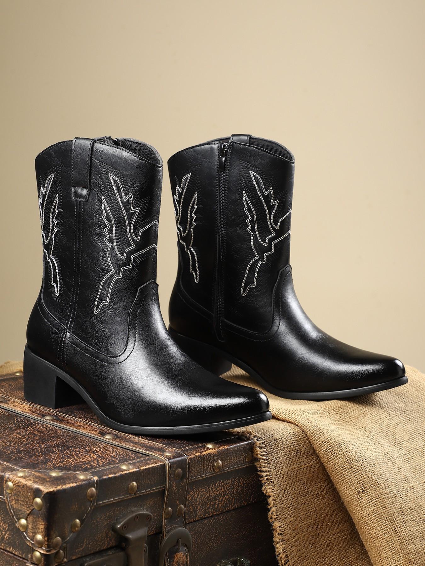 Men's Denim Boots Daily Embroidery Casual Low Heel Rubber Sole, Patchwork PU Upper, Mid-Calf Height, All Seasons Wear