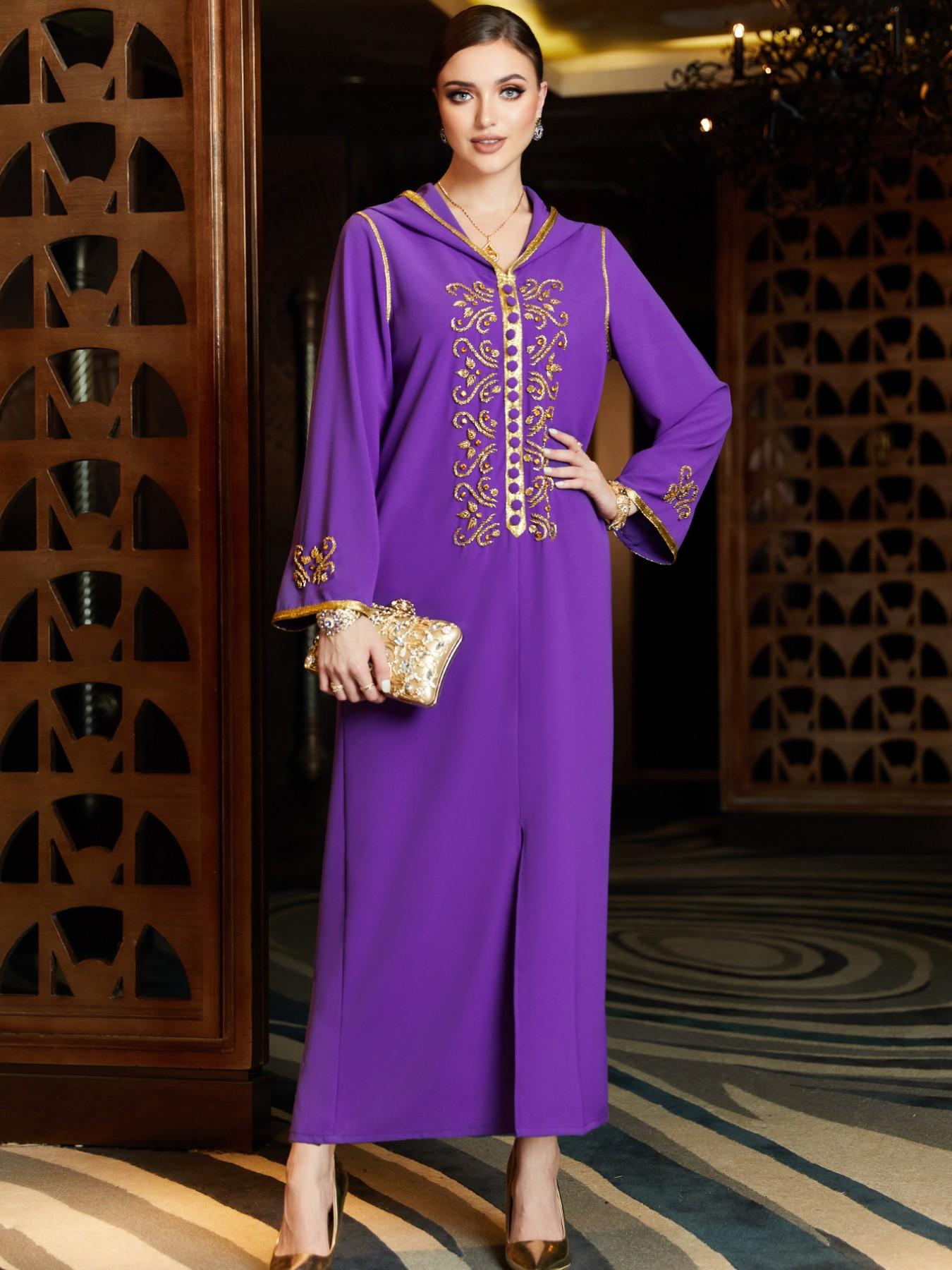 Middle Eastern Fashion Rhinestone Hooded Long Dress, Muslim Women's Festival Abaya, Elegant Holiday with Hat