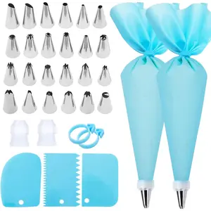 Piping Bags and Tips Set, Cake Decorating Kit with 2  Piping Bags, 24 Icing Tips, 2 Couplers, 3 Scrapers, 2  Rings, Cupcake Decorating Kits