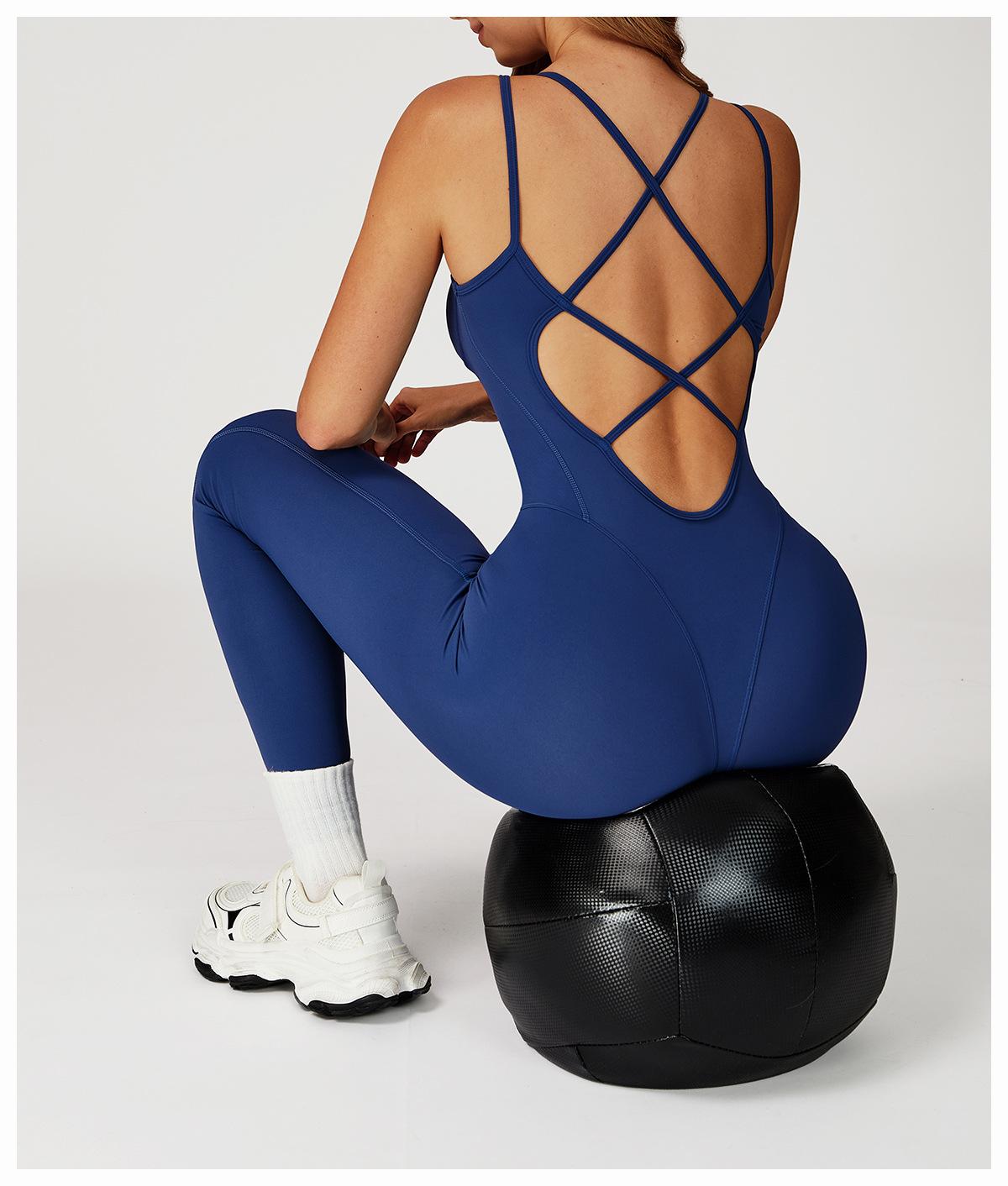 Nude-feel one-piece bodysuit with cross-back design, slim-fit yoga wear for outdoor running and fitness activities