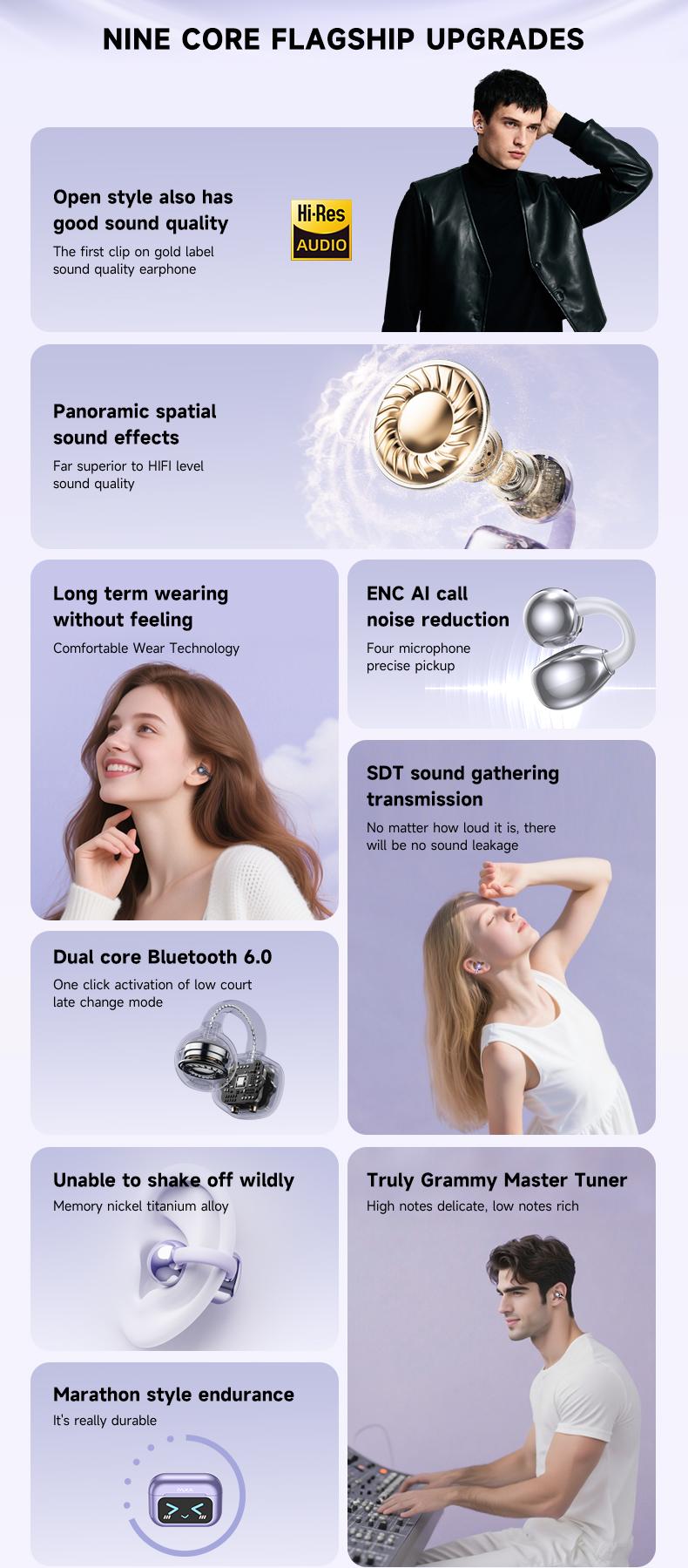 C7 Ultra Bluetooth 6.0 Wireless Clip Earbuds , with smart touchscreen, sports waterproof & sweatproof design for music and calls