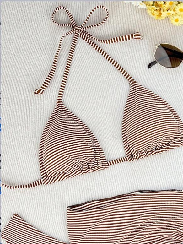 Women's Summer Casual Swimwear Set, Striped Print Bikini and Matching Skirt, 3 Piece Beach, Fitted Style, Perfect for Vacation