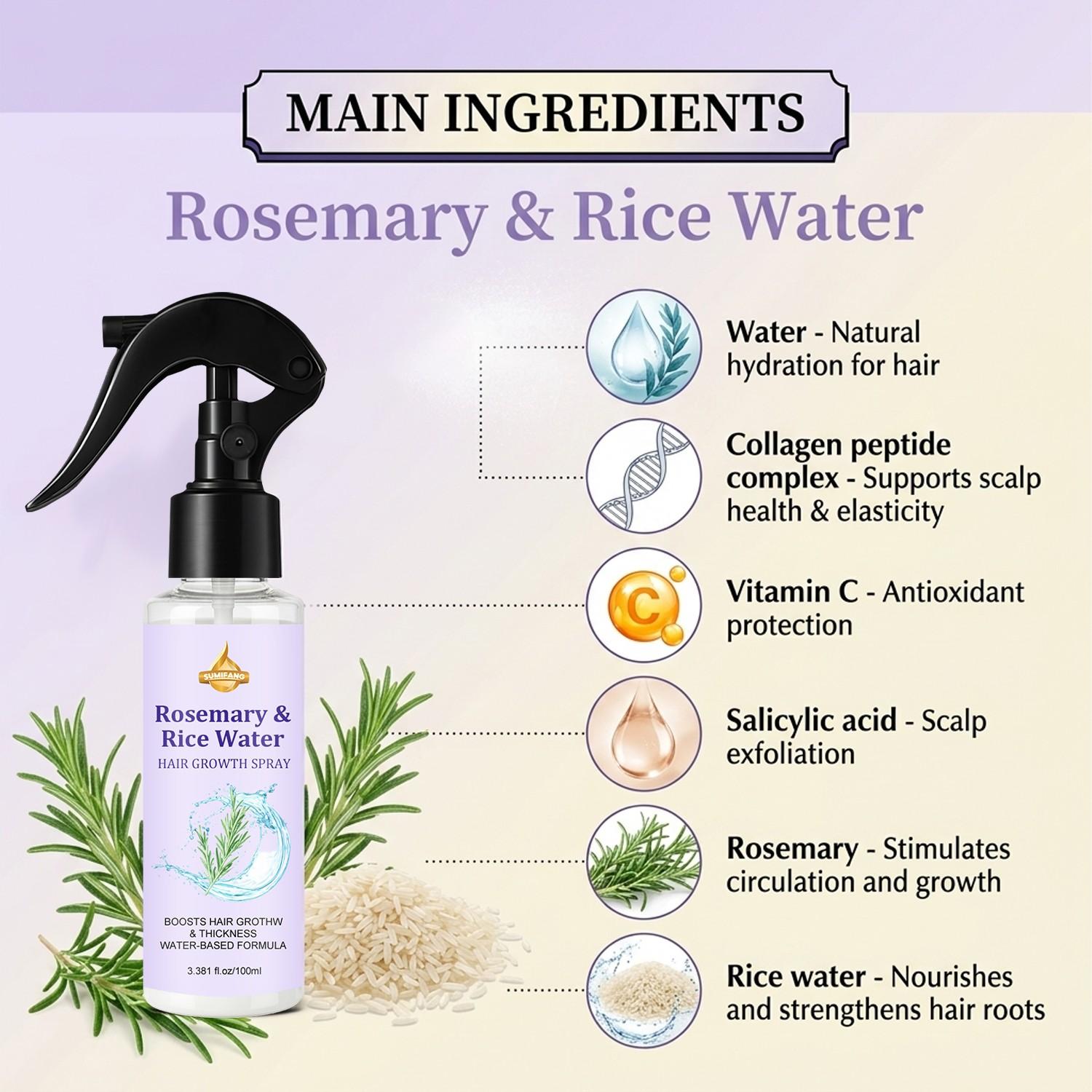 SUMIEANG Rosemary Rice Water Scalp Spray 100ml | Rosemary stimulates hair follicles + rice water nourishes hair roots, promoting hair growth | Water-based formula is refreshing and non-greasy, increasing hair volume and strengthening hair strands.