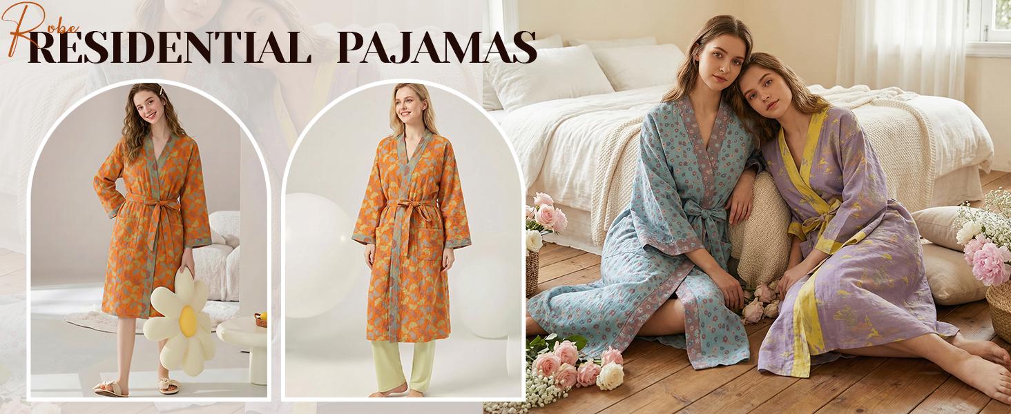 Wyeysyt Women's Cotton Gauze Jacquard Weave Knee-Length Loose-Fitting Japanese Yukata Muslin Bathrobe, Loungewear Sleepwear Gowns