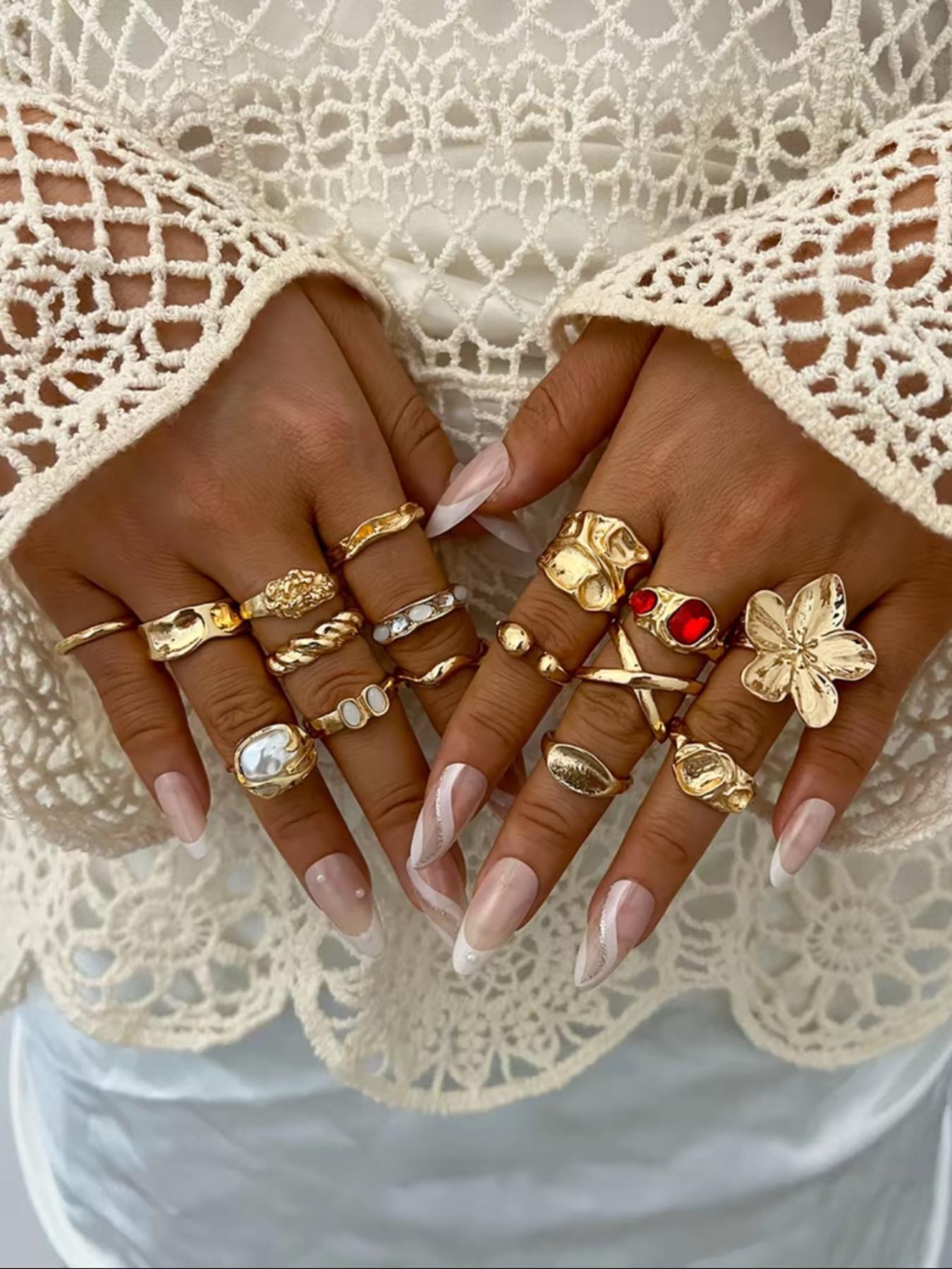 Elegant Floral Faux Pearl Ring Set, Fashionable Jewelry, Beautiful Rings, Zinc Alloy Wide Band Women's Rings, Knuckle Rings Set, All Season Jewelry Gift, Party and Birthday
