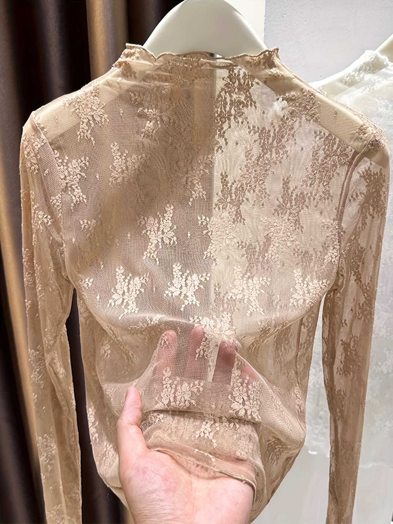 Women's Lace Long Sleeve Top, Lady, Half High Neck Design, Elegant Mesh Fabric, Perfect Inner Layer for Fall & Winter, Blouse, Womenswear