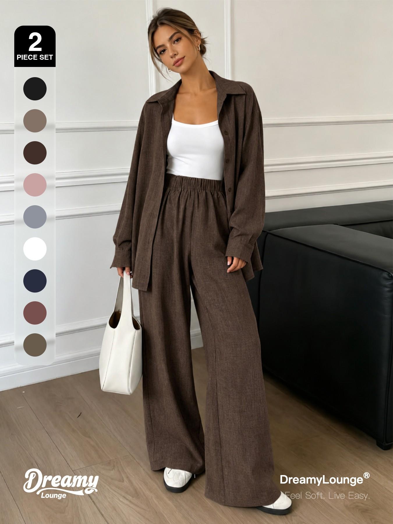 2-Piece Set DreamyLounge Women's Textured Linen-Look Loungewear Set, Oversized Button Down Shirt and Wide Leg Pants Matching Set for Travel, Coffee Run and Everyday Wear