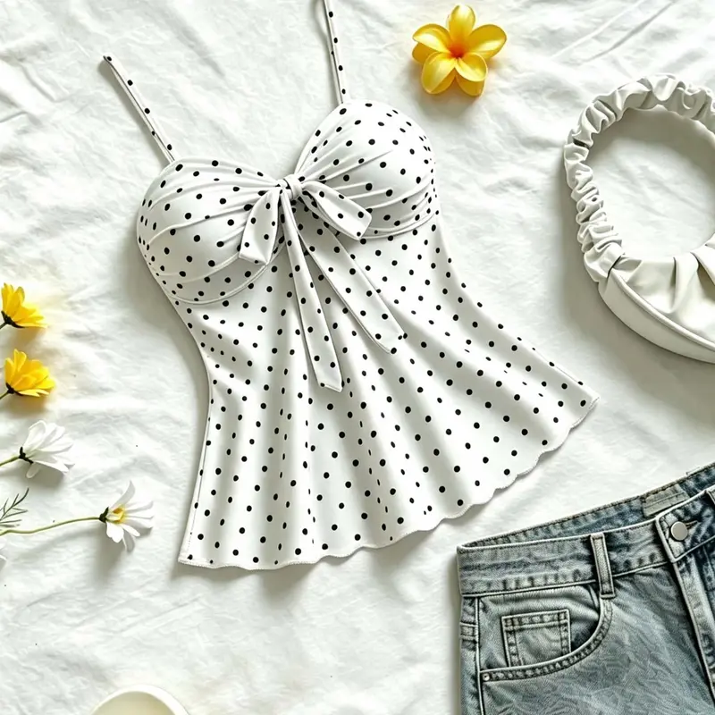 Sweet Summer Vacation Style Women's Polka Dot Cami Spaghetti Strap Thin Strap Lightweight Cool Camisole Tank Top, Trendy Top, Chest Tie Butterfly Knot, Cute Aesthetic Fitted Design