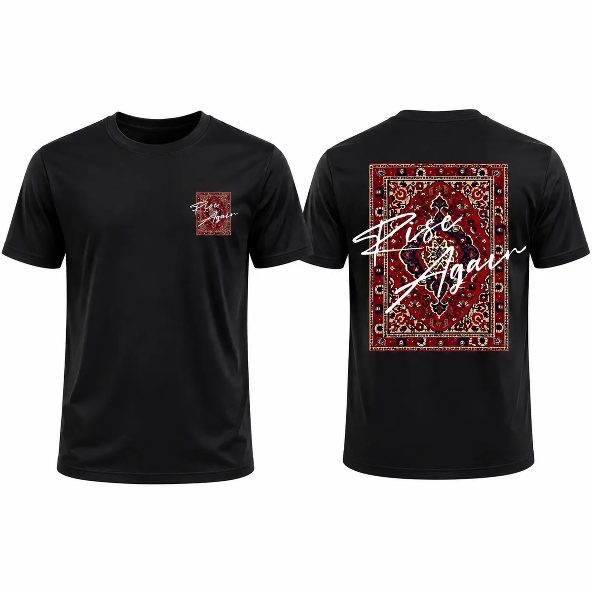 Men’s Persian Rug Graphic T-Shirt, Vintage Tapestry Back Print Tee, Retro Streetwear Crew Neck Short Sleeve Casual Top