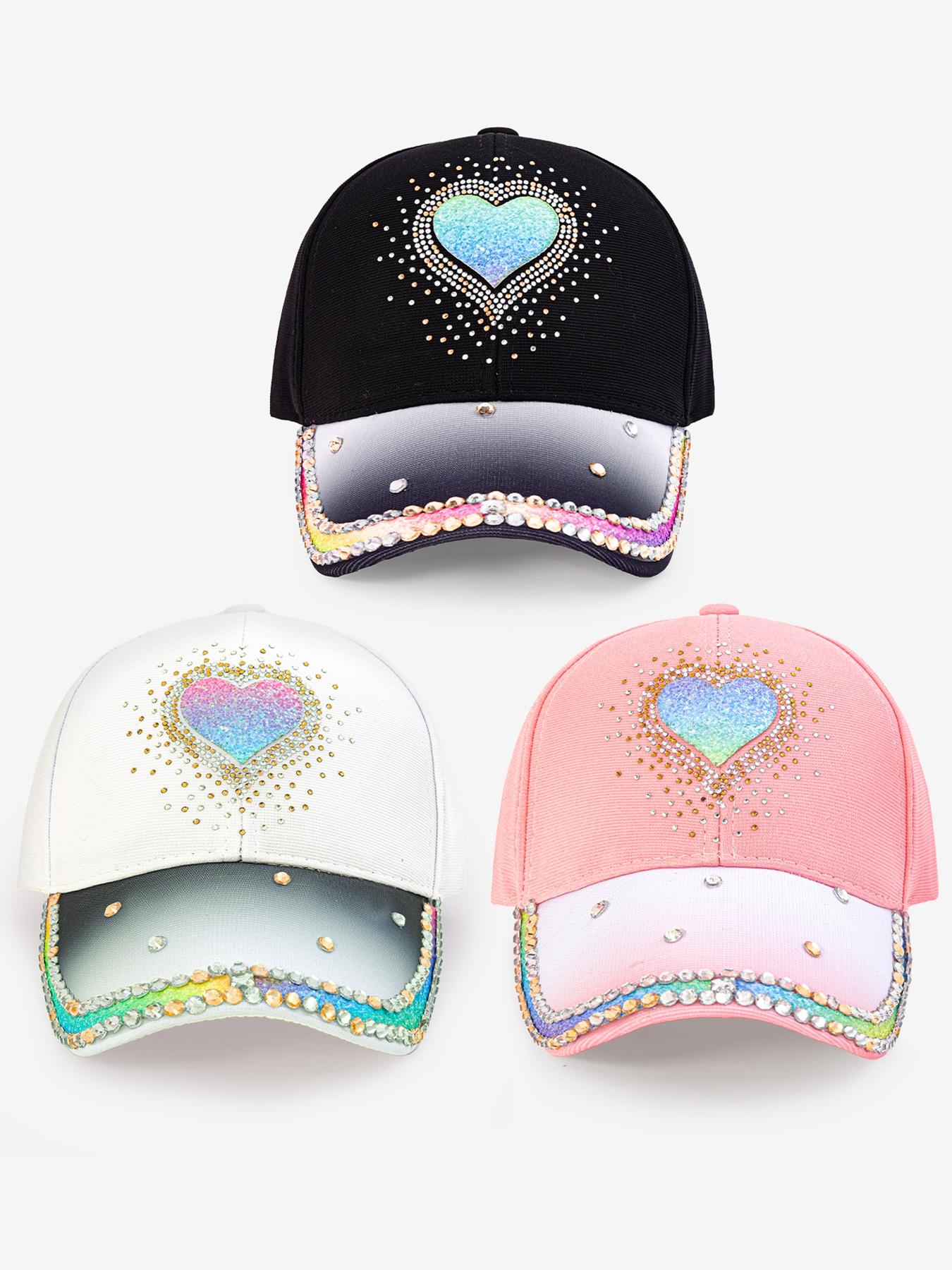 1PC women's sequined heart-shaped crystal gradient baseball cap, a fashionable gradient multi-colored rhinestone fedora hat, suitable for daily shopping, parties, gatherings, vacations, outdoor activities and sun protection wear. 1PC women's sequined heart-shaped crystal gradient baseball cap, a fashionable gradient multi-colored rhinestone fedora hat, suitable for daily shopping, parties, gatherings, vacations, outdoor activities and sun protection wear.